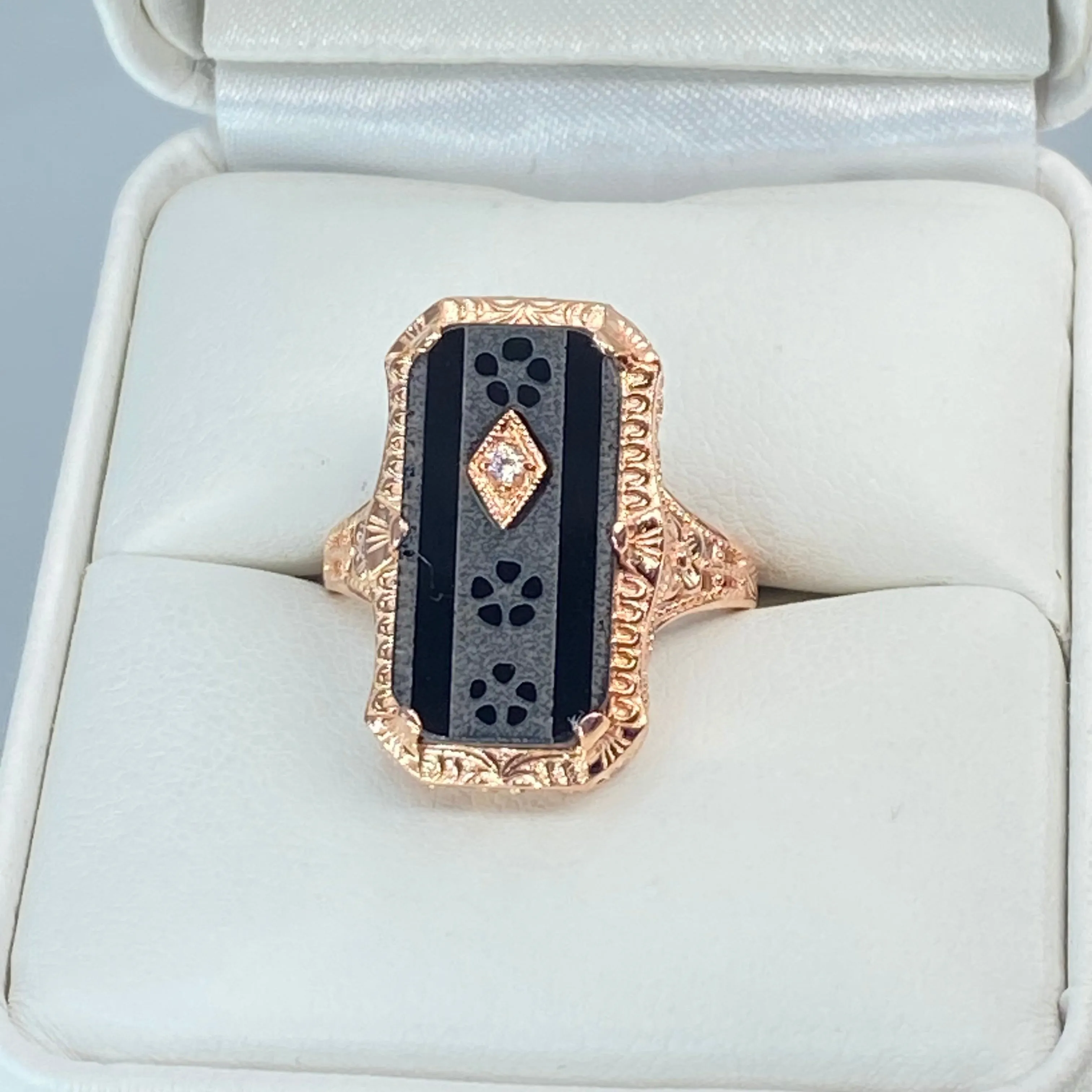 Black Camphor Glass Ring, Size 7, Rose Gold overlay, Sterling Silver Edwardian Jewelry #D232 - Ready to Ship