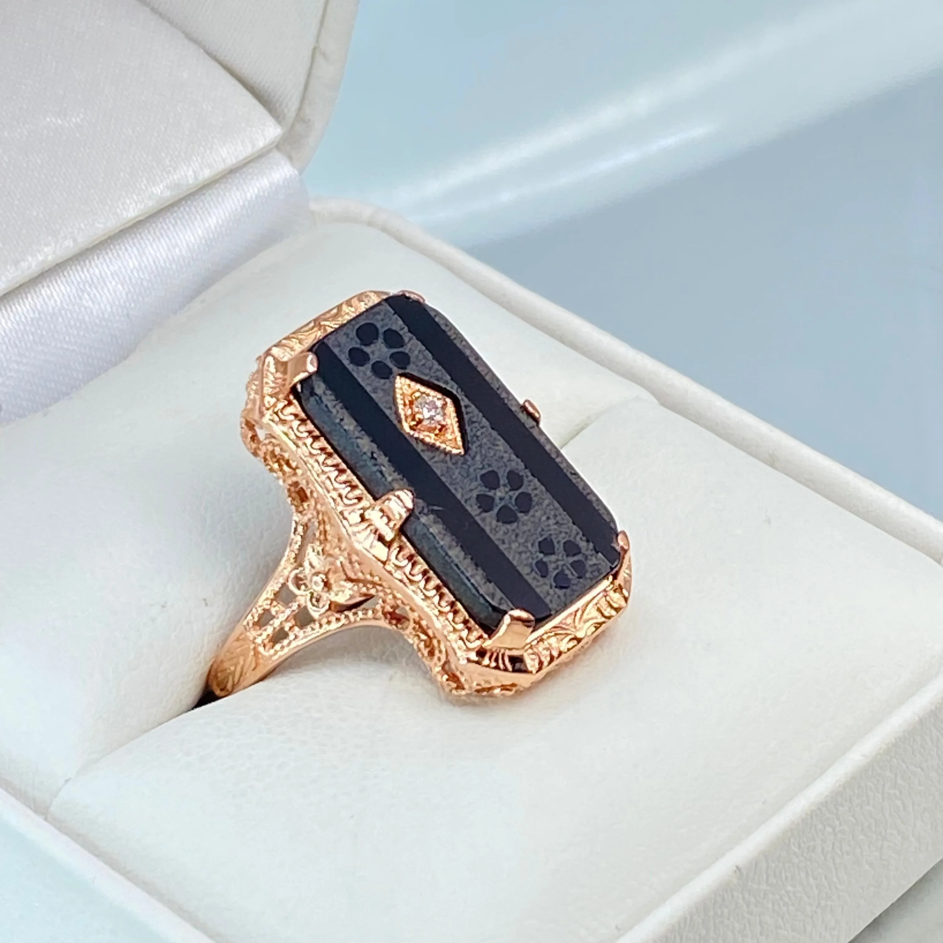 Black Camphor Glass Ring, Size 7, Rose Gold overlay, Sterling Silver Edwardian Jewelry #D232 - Ready to Ship