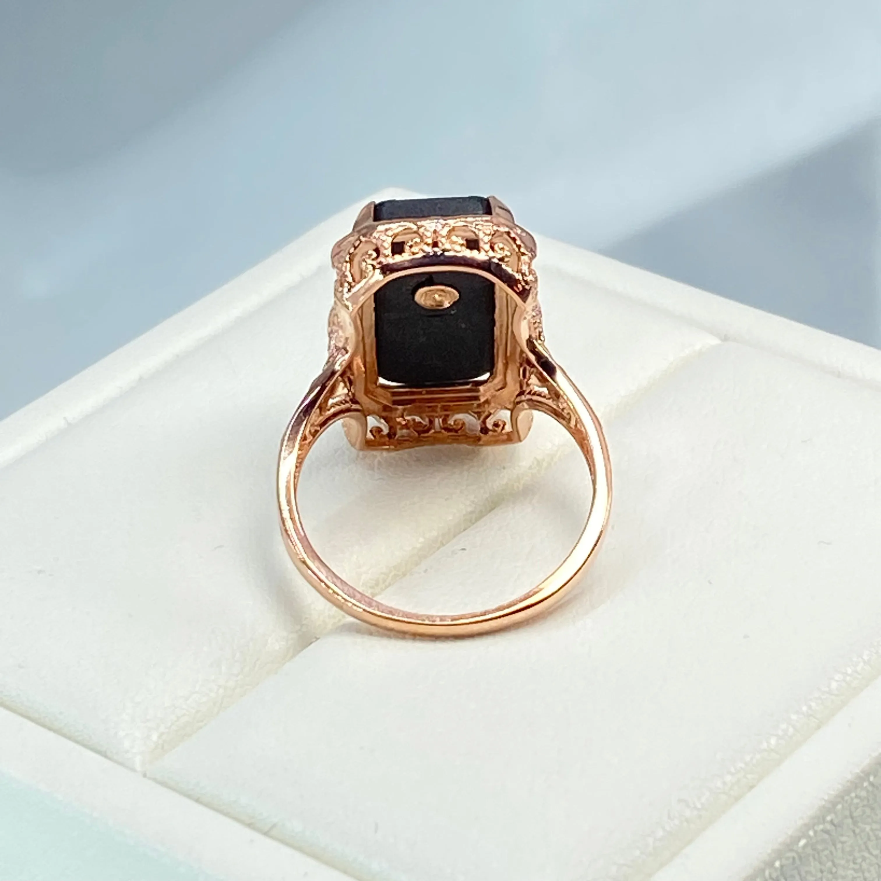Black Camphor Glass Ring, Size 7, Rose Gold overlay, Sterling Silver Edwardian Jewelry #D232 - Ready to Ship