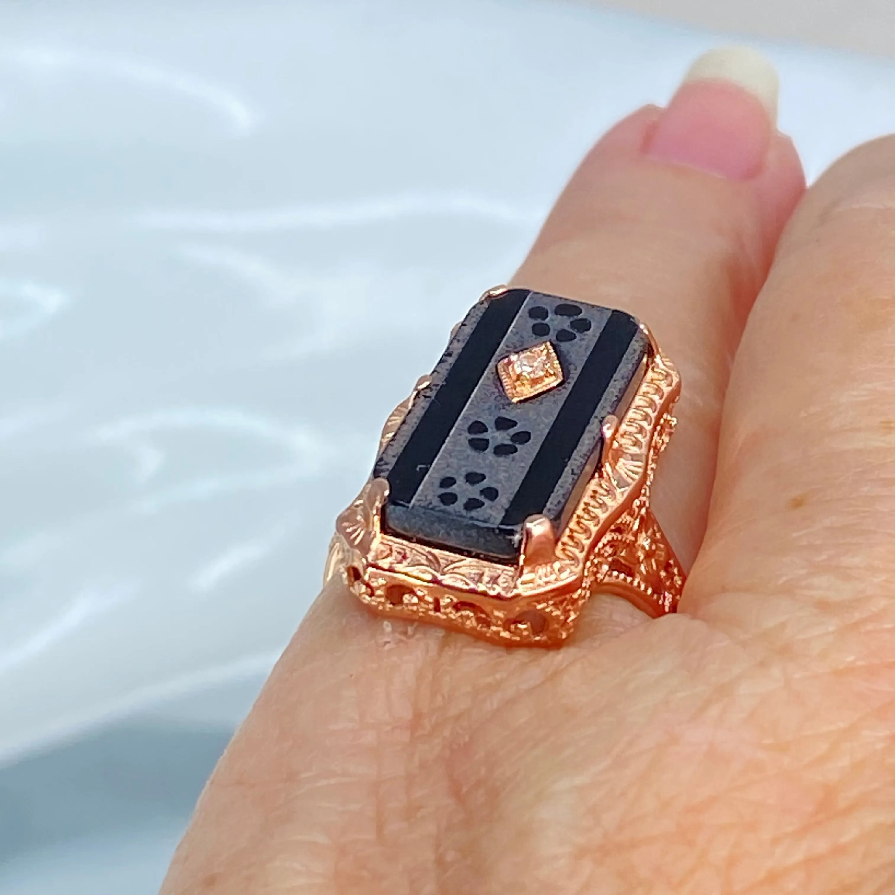 Black Camphor Glass Ring, Size 7, Rose Gold overlay, Sterling Silver Edwardian Jewelry #D232 - Ready to Ship