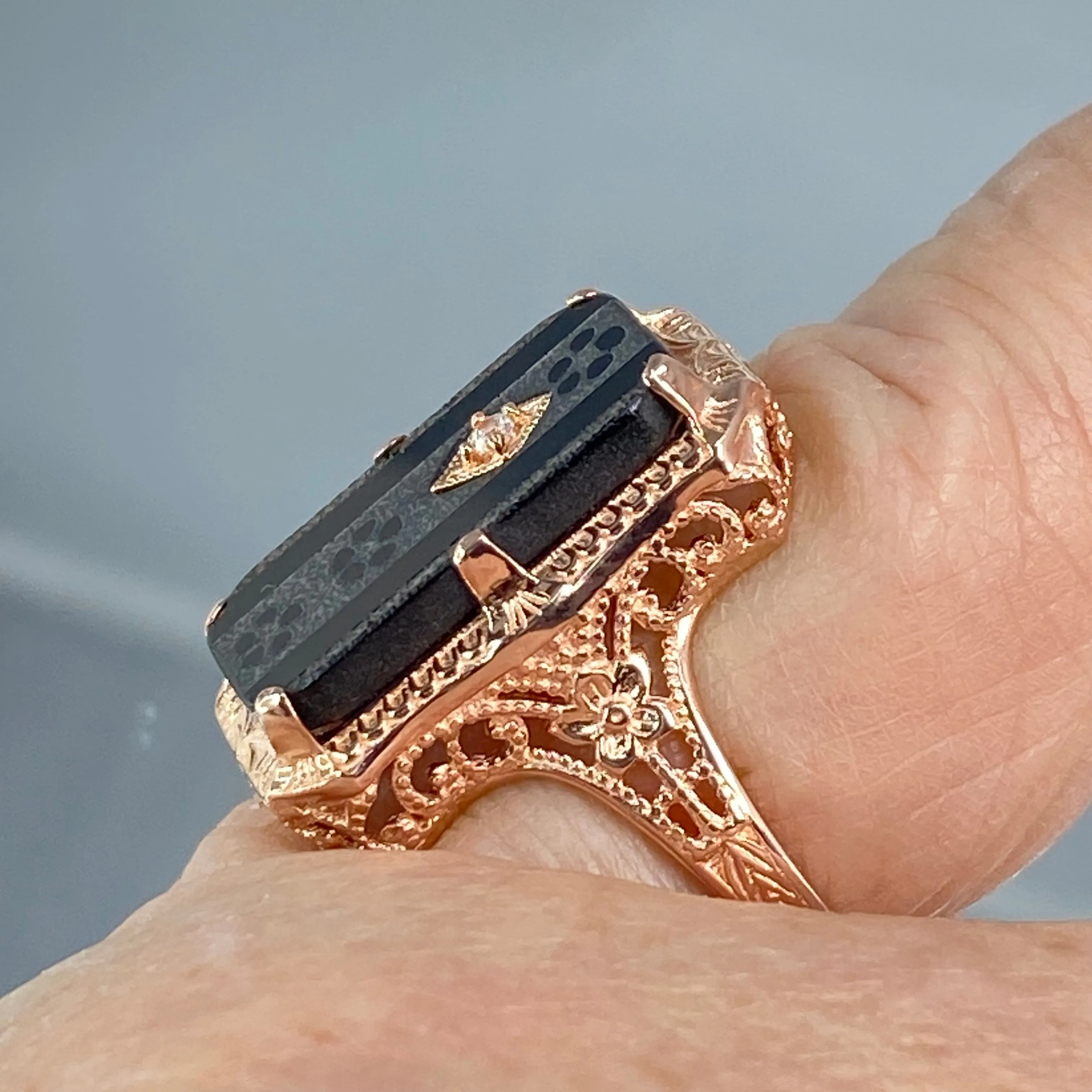 Black Camphor Glass Ring, Size 7, Rose Gold overlay, Sterling Silver Edwardian Jewelry #D232 - Ready to Ship