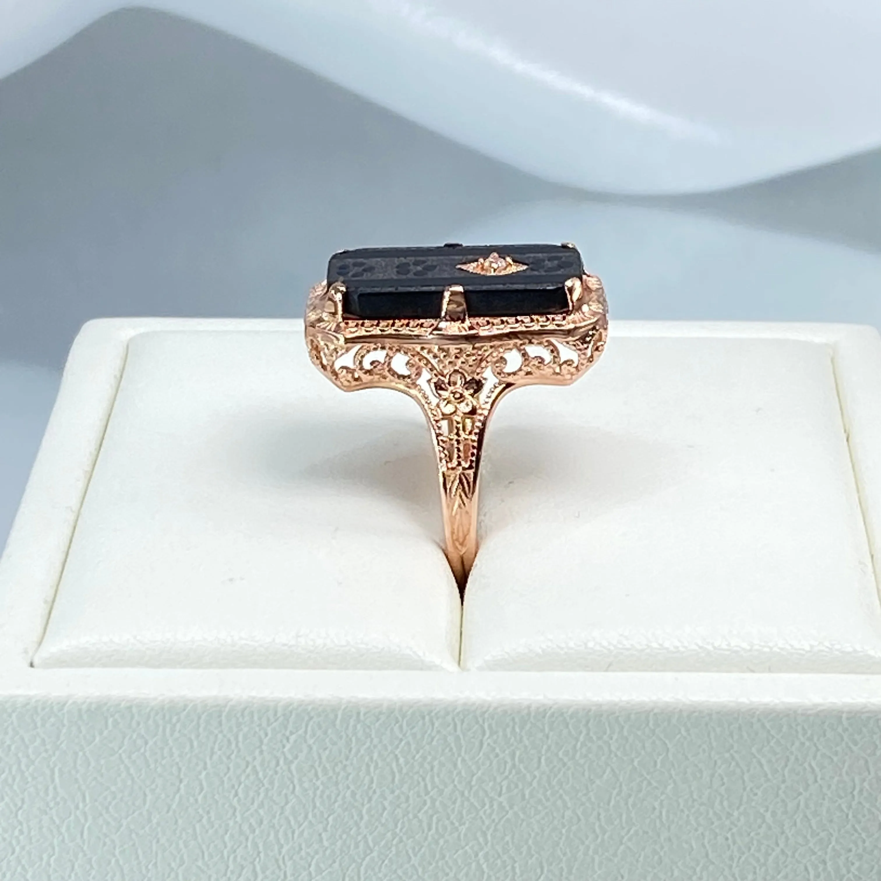 Black Camphor Glass Ring, Size 7, Rose Gold overlay, Sterling Silver Edwardian Jewelry #D232 - Ready to Ship
