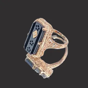 Black Camphor Glass Ring, Size 7, Rose Gold overlay, Sterling Silver Edwardian Jewelry #D232 - Ready to Ship