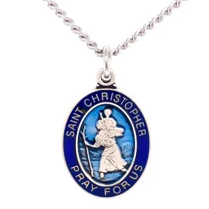 Blue Enamel over Sterling Silver Saint Christopher Oval Medal