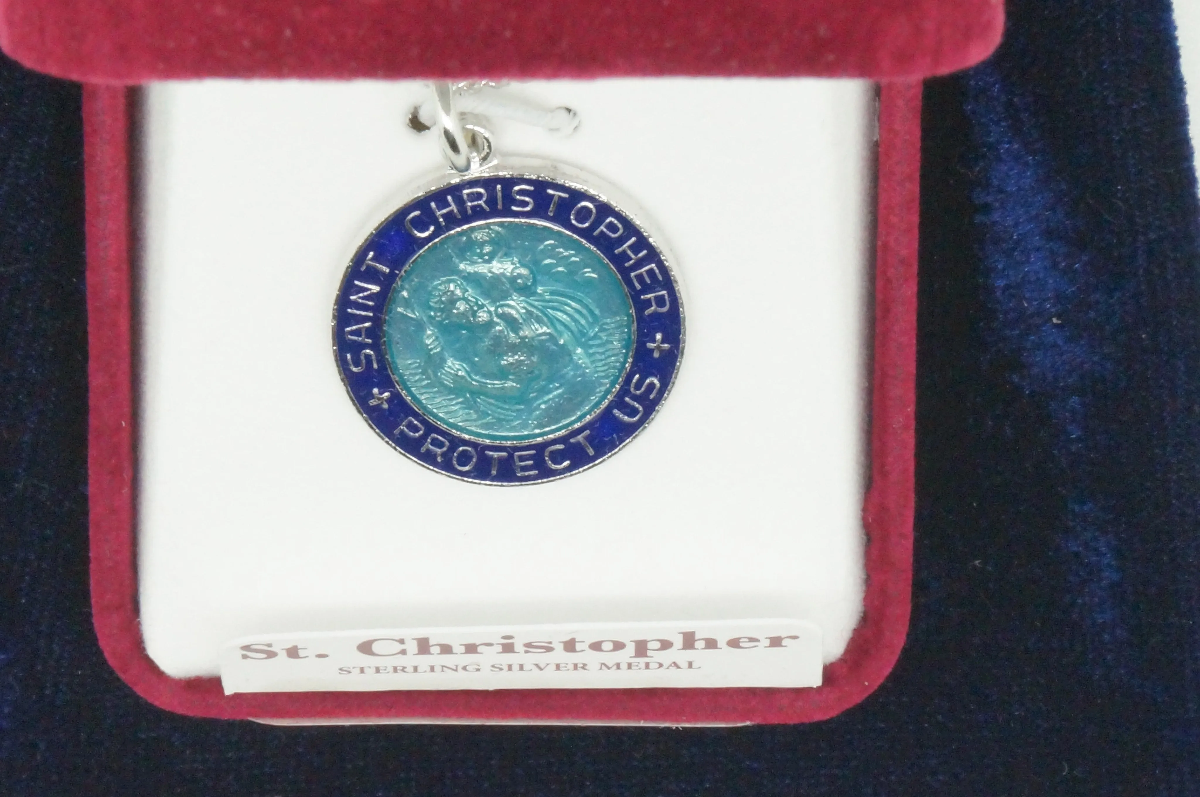 Blue Enamel over Sterling Silver Saint Christopher Round Medal with chain