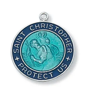 Blue Enamel over Sterling Silver Saint Christopher Round Medal with chain