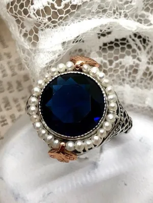 Blue Sapphire & Seed Pearl Ring, Victorian Filigree Jewelry #D238