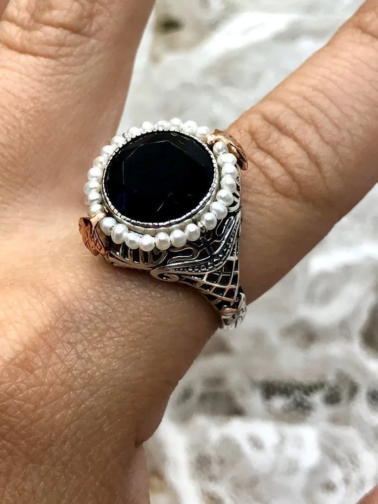 Blue Sapphire & Seed Pearl Ring, Victorian Filigree Jewelry #D238
