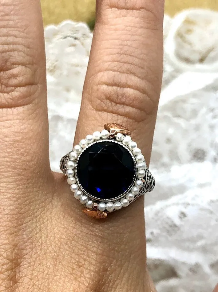 Blue Sapphire & Seed Pearl Ring, Victorian Filigree Jewelry #D238
