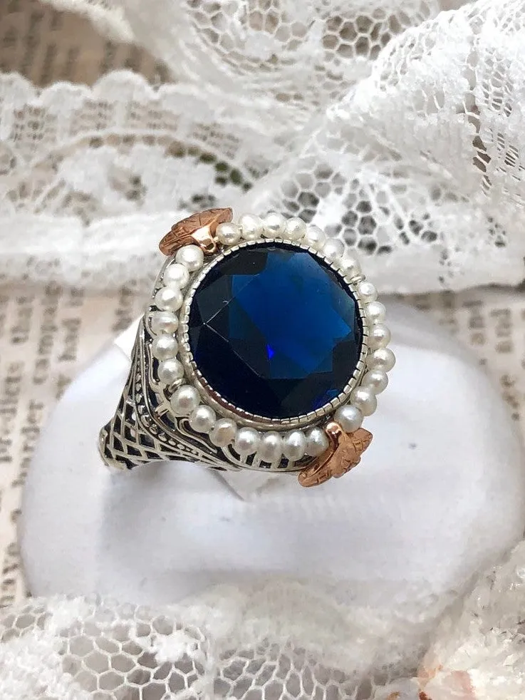 Blue Sapphire & Seed Pearl Ring, Victorian Filigree Jewelry #D238