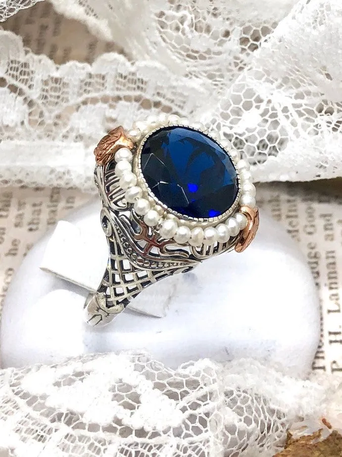 Blue Sapphire & Seed Pearl Ring, Victorian Filigree Jewelry #D238