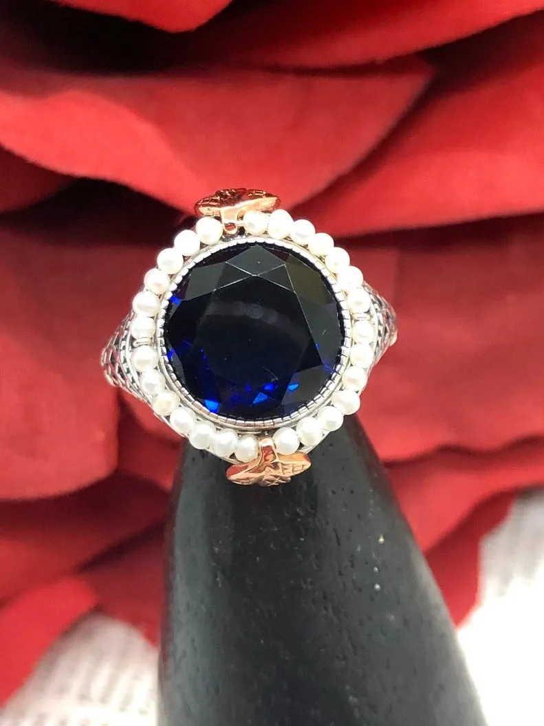 Blue Sapphire & Seed Pearl Ring, Victorian Filigree Jewelry #D238