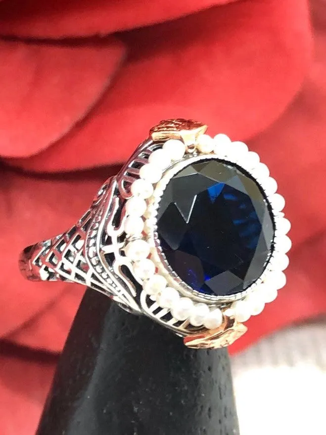 Blue Sapphire & Seed Pearl Ring, Victorian Filigree Jewelry #D238
