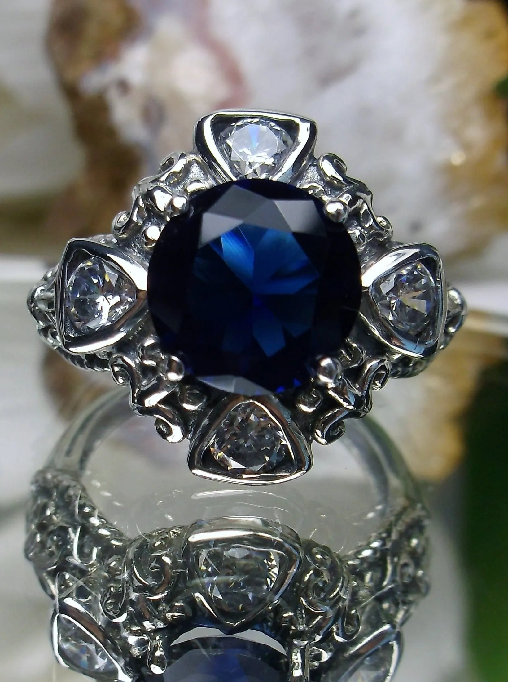 Blue Sapphire Ring, 5-Gem Art Deco Ring, Sapphire Vintage Revival Jewelry #D138