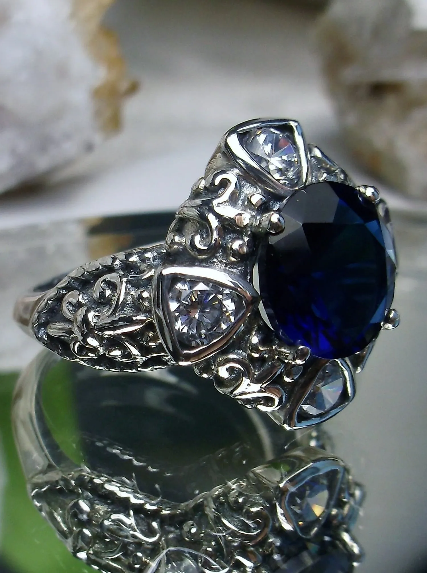 Blue Sapphire Ring, 5-Gem Art Deco Ring, Sapphire Vintage Revival Jewelry #D138