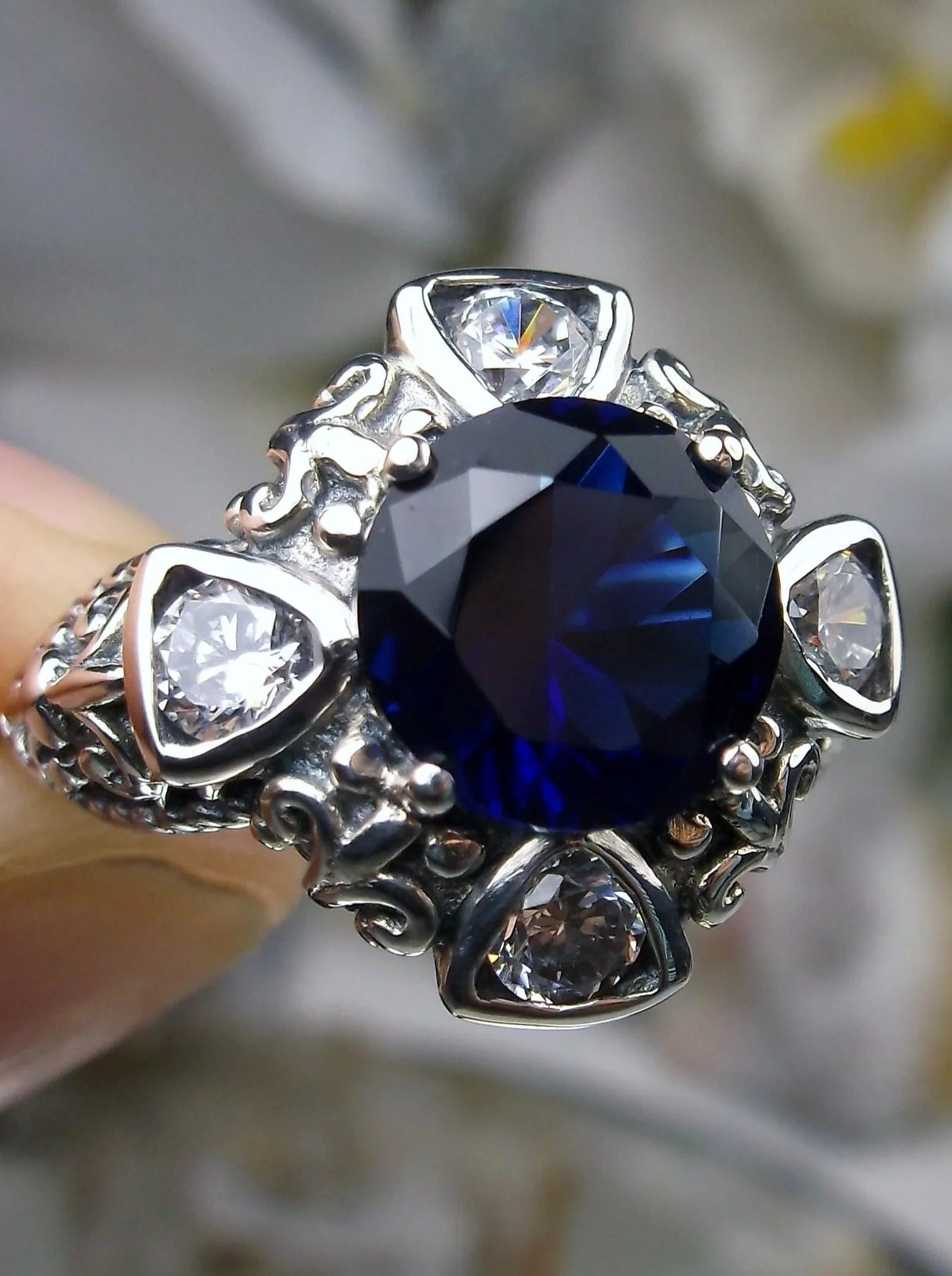 Blue Sapphire Ring, 5-Gem Art Deco Ring, Sapphire Vintage Revival Jewelry #D138