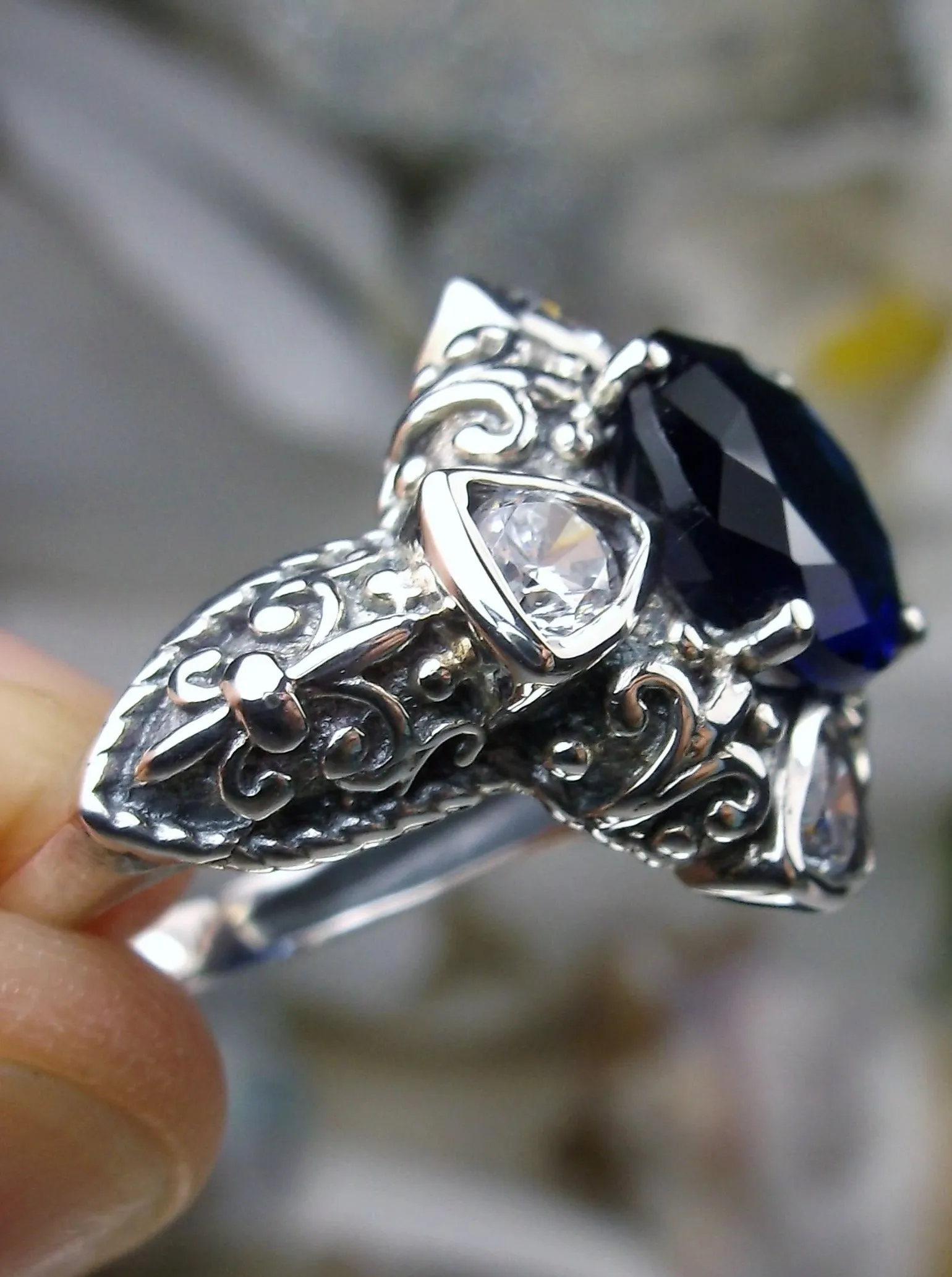Blue Sapphire Ring, 5-Gem Art Deco Ring, Sapphire Vintage Revival Jewelry #D138