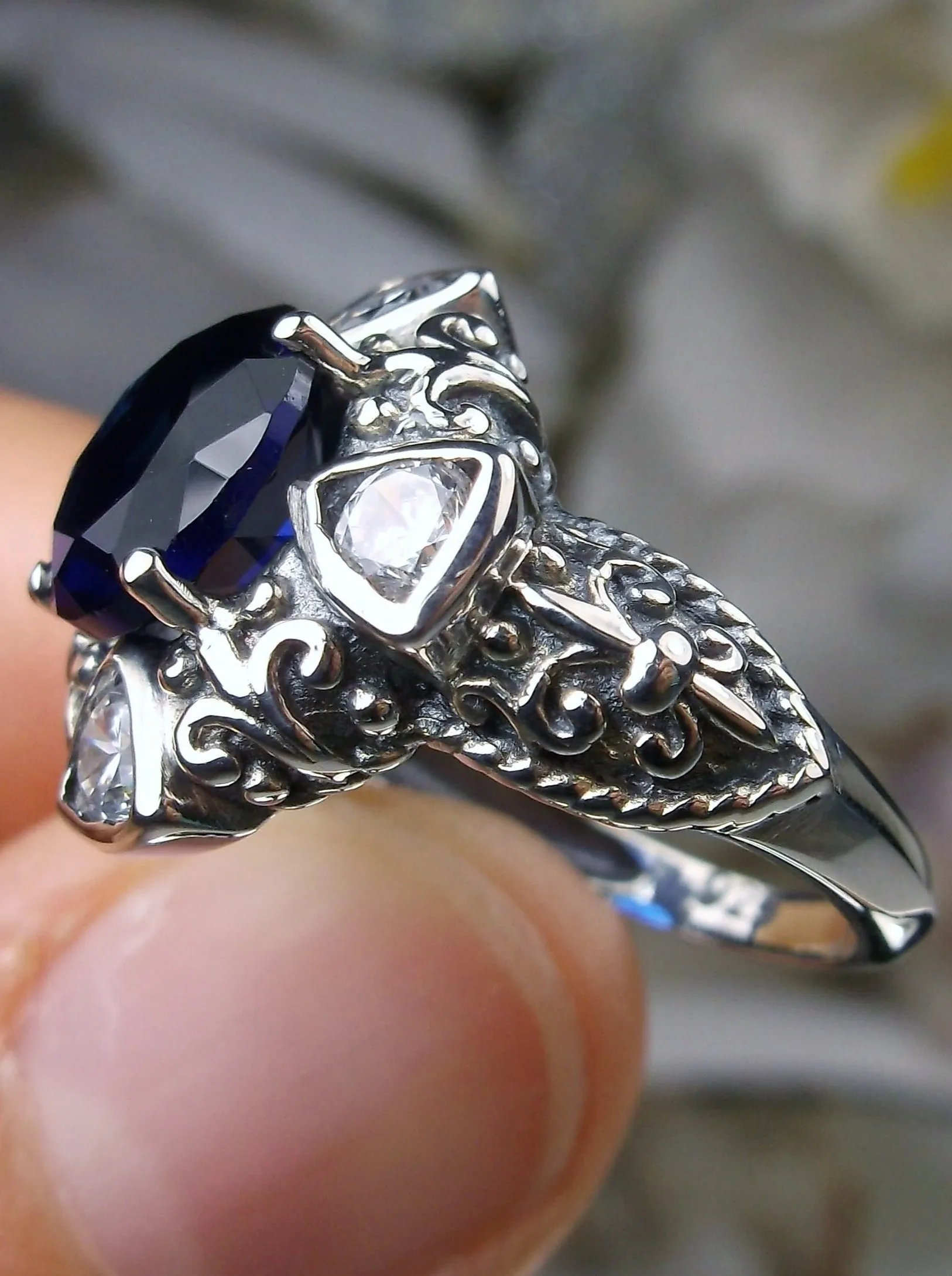Blue Sapphire Ring, 5-Gem Art Deco Ring, Sapphire Vintage Revival Jewelry #D138