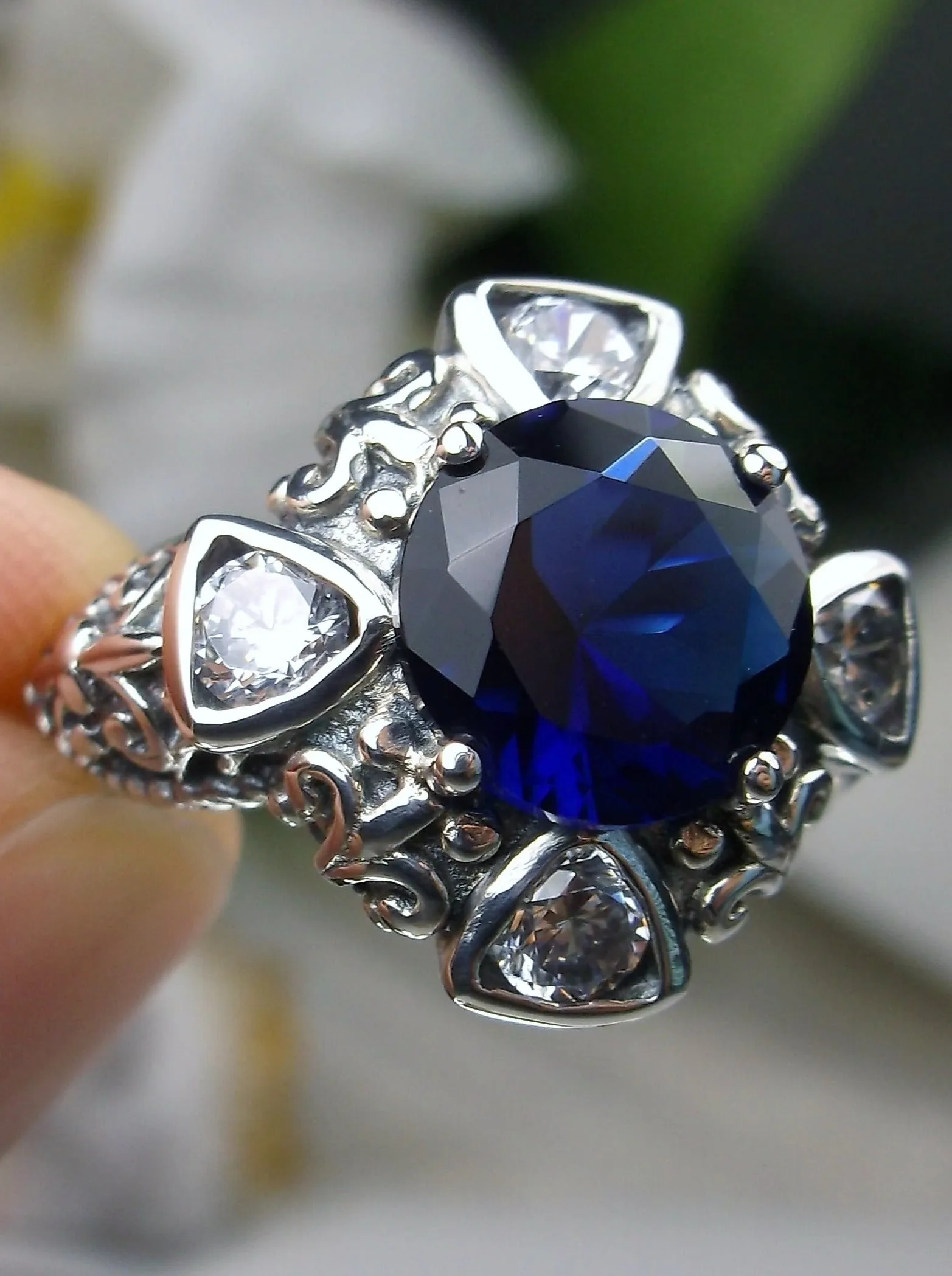 Blue Sapphire Ring, 5-Gem Art Deco Ring, Sapphire Vintage Revival Jewelry #D138