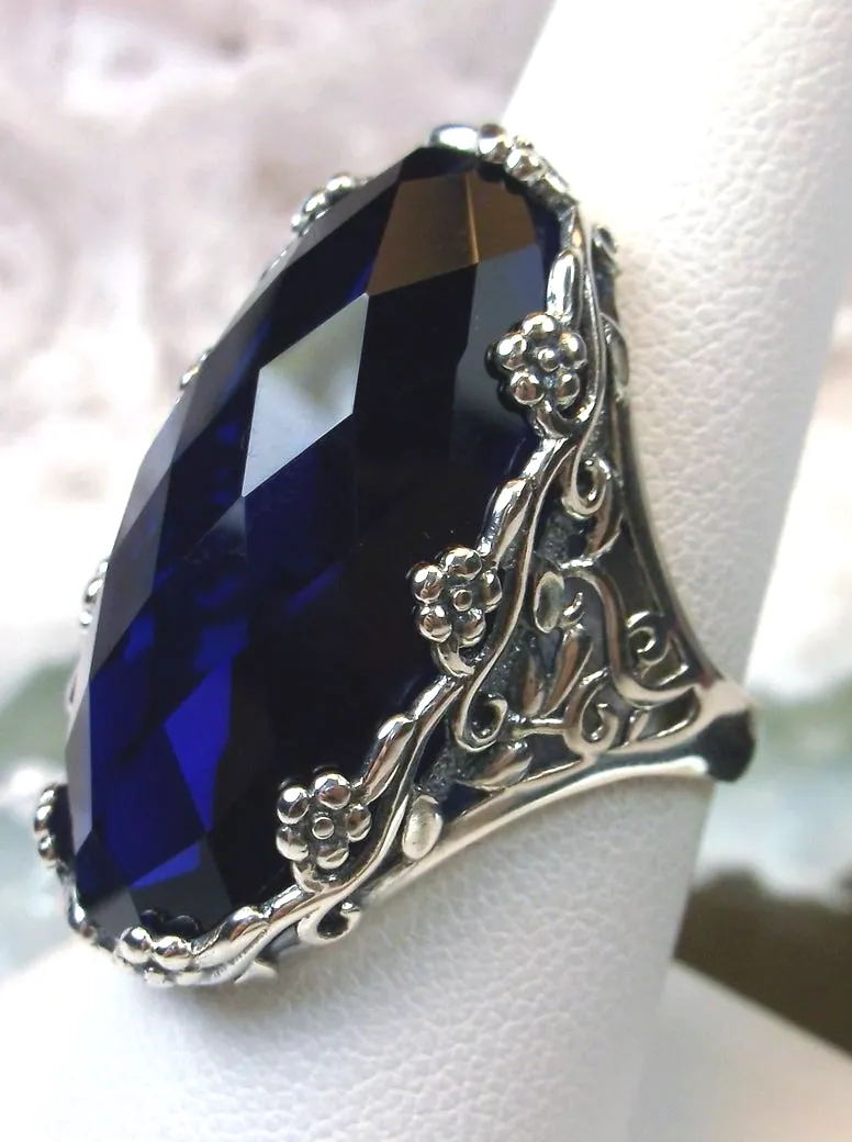 Blue Sapphire Ring, Large Oval gem, Vintage Reproduction Jewelry, Rosey Design #D97