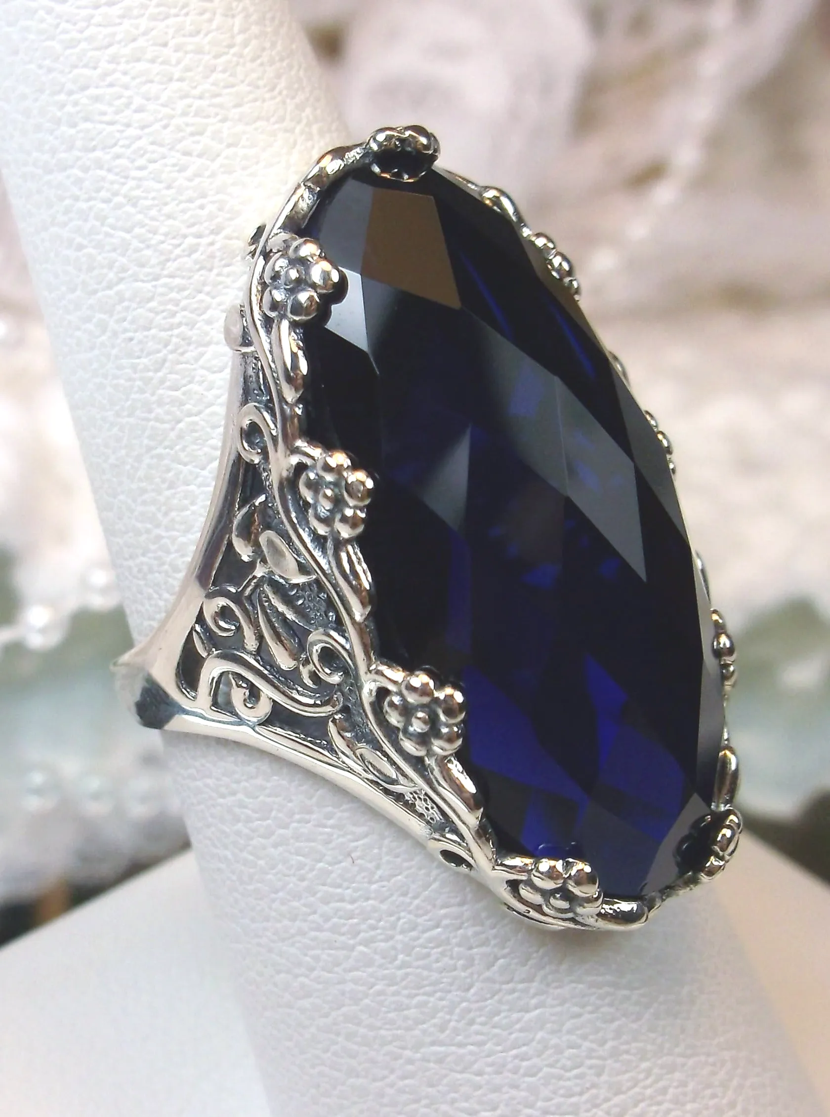 Blue Sapphire Ring, Large Oval gem, Vintage Reproduction Jewelry, Rosey Design #D97