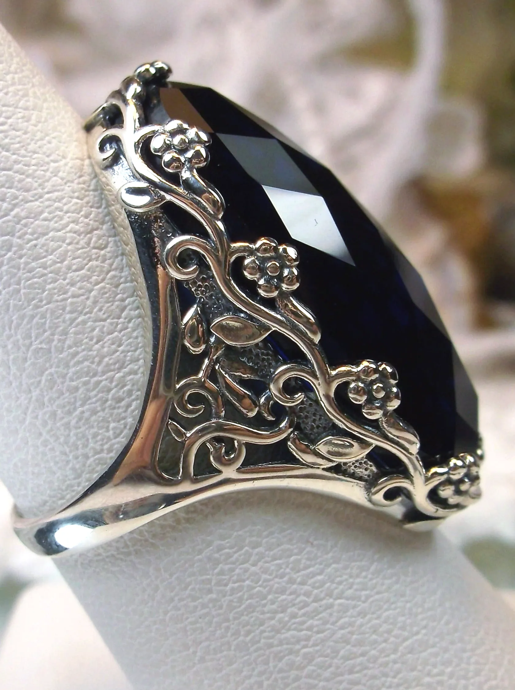 Blue Sapphire Ring, Large Oval gem, Vintage Reproduction Jewelry, Rosey Design #D97