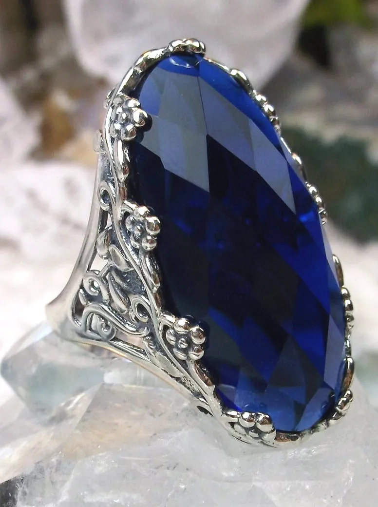 Blue Sapphire Ring, Large Oval gem, Vintage Reproduction Jewelry, Rosey Design #D97