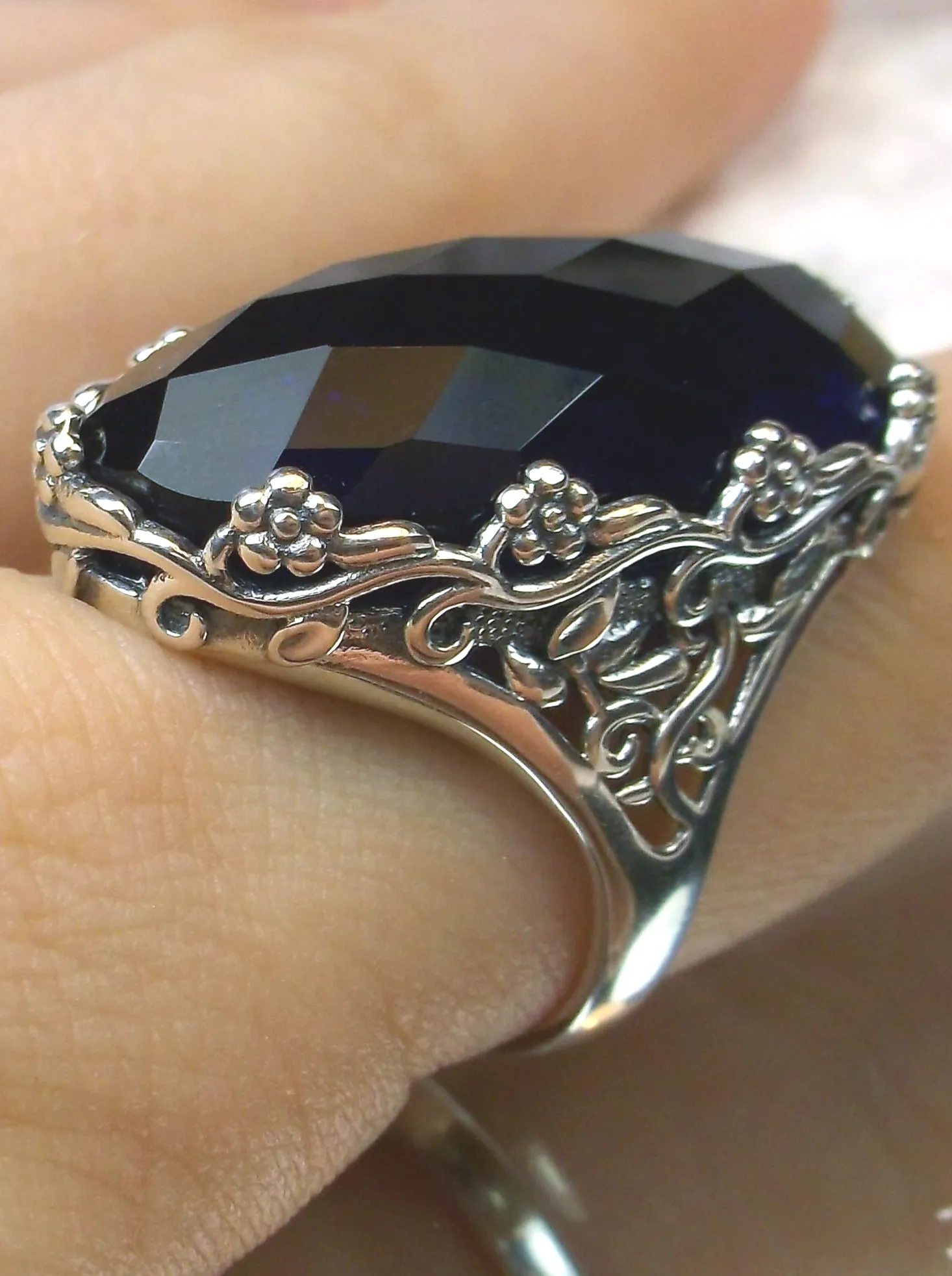 Blue Sapphire Ring, Large Oval gem, Vintage Reproduction Jewelry, Rosey Design #D97