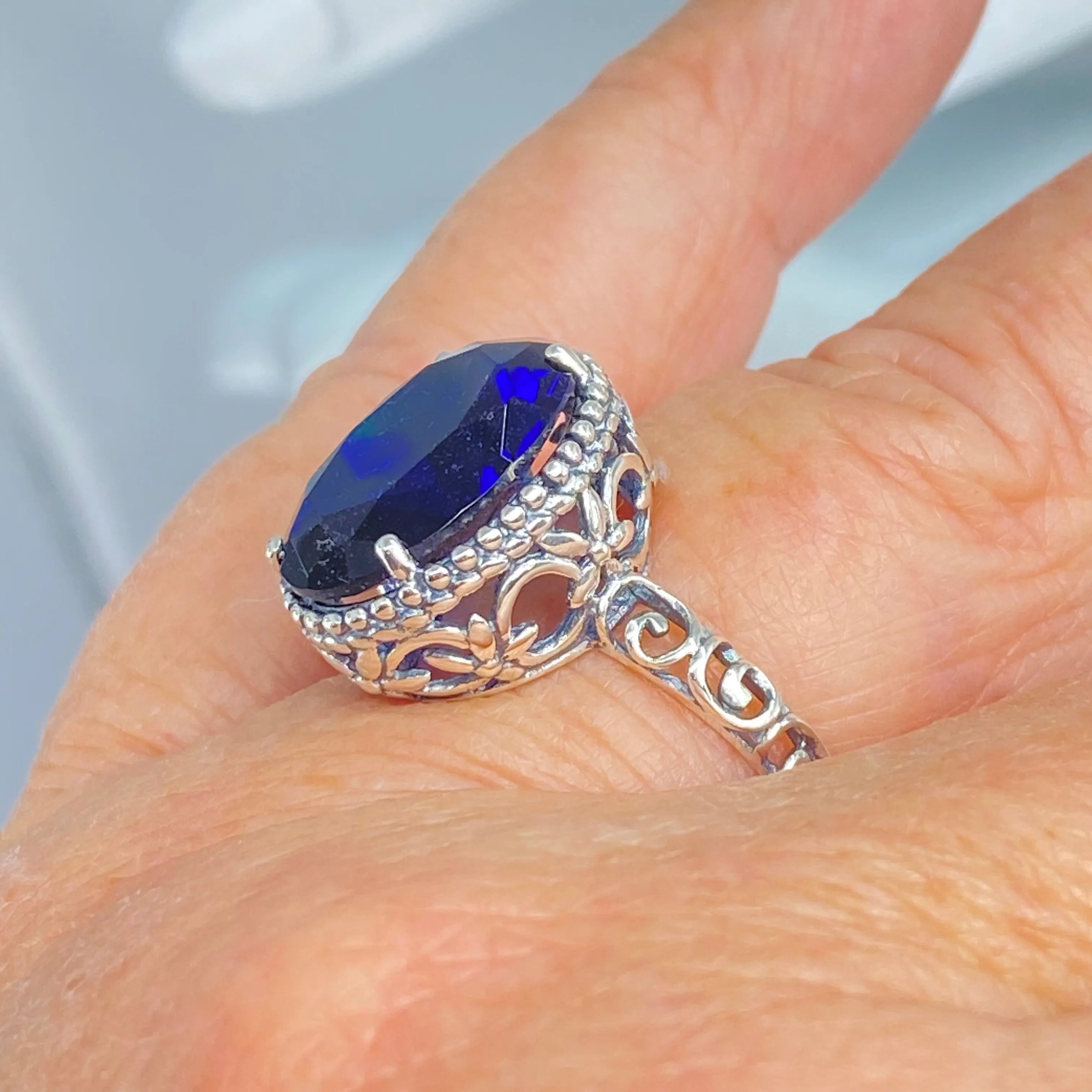 Blue Sapphire Ring, Oval Cut Gem, Nouveau Style Jewelry, D125