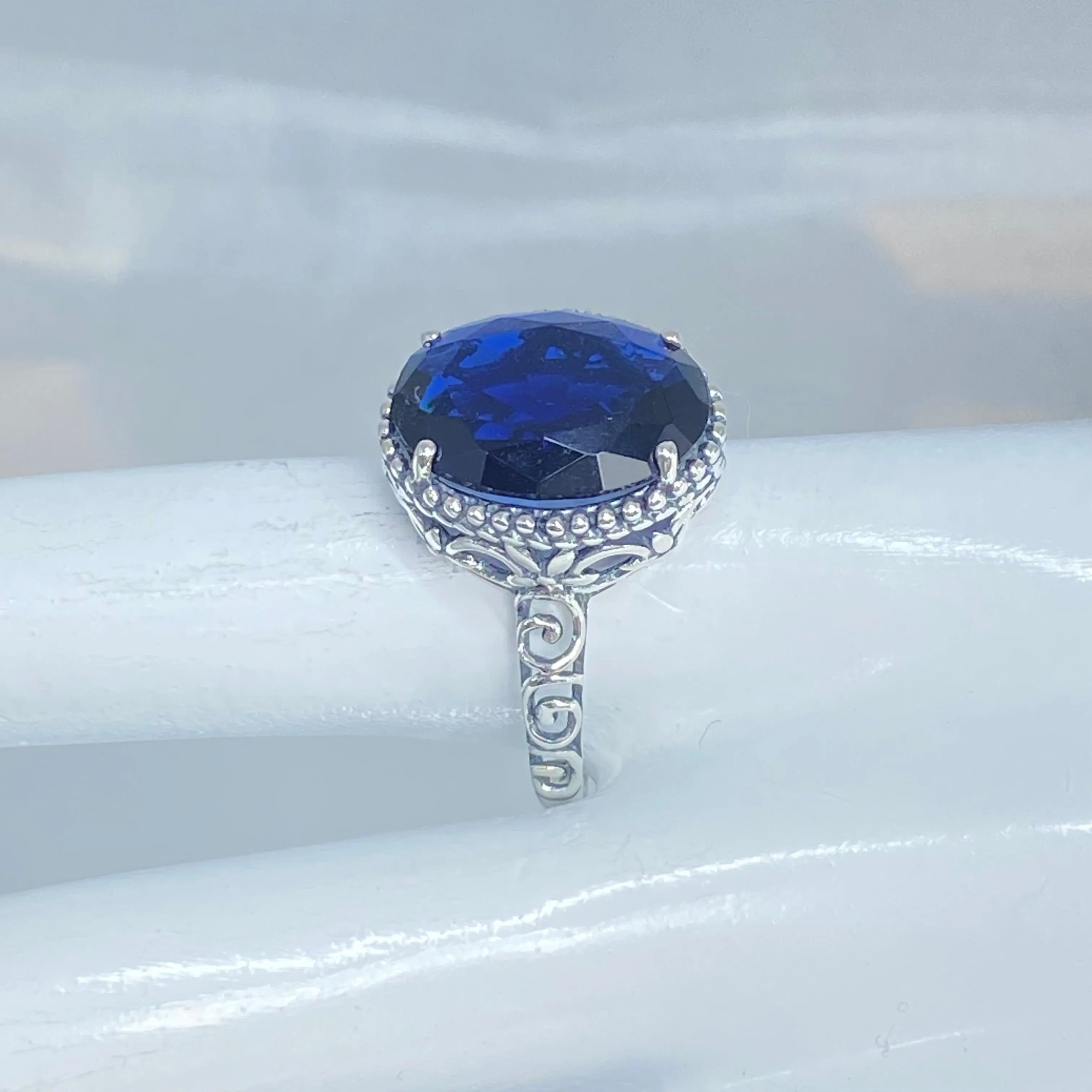 Blue Sapphire Ring, Oval Cut Gem, Nouveau Style Jewelry, D125