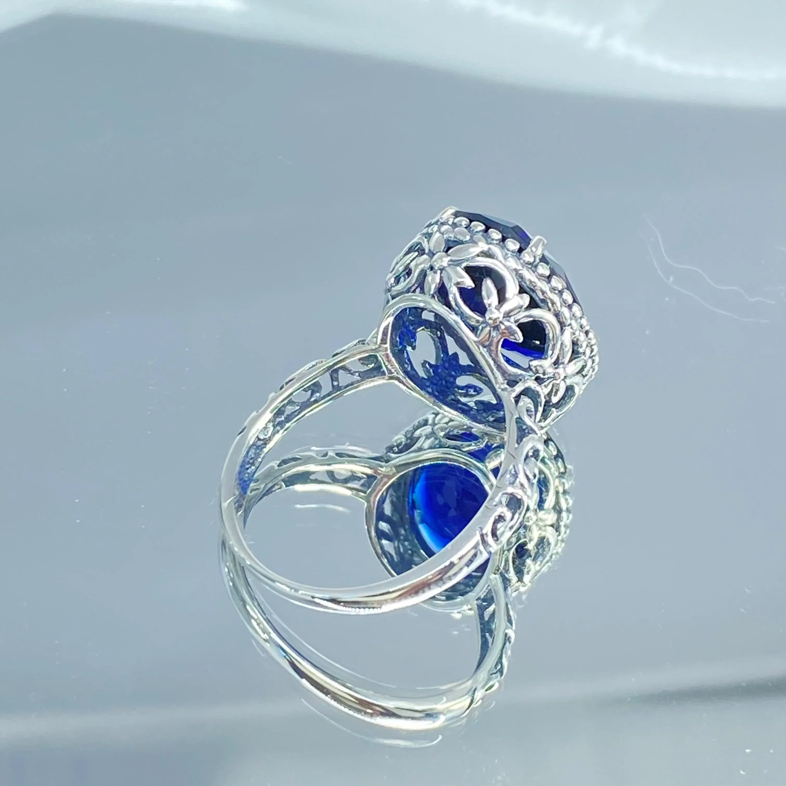 Blue Sapphire Ring, Oval Cut Gem, Nouveau Style Jewelry, D125