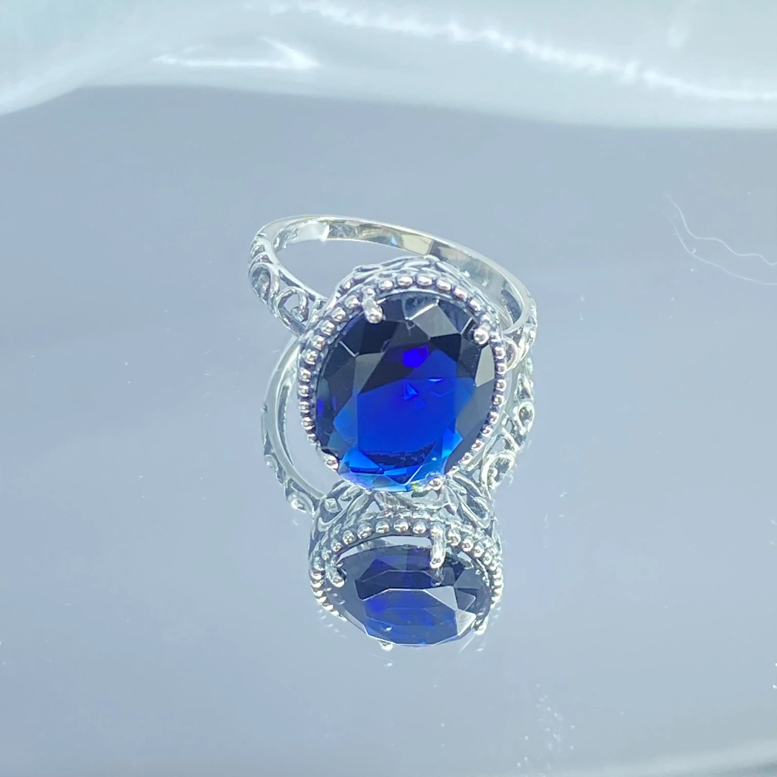 Blue Sapphire Ring, Oval Cut Gem, Nouveau Style Jewelry, D125