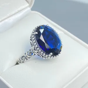 Blue Sapphire Ring, Size 9.5, Oval Cut Gem, Nouveau Style Jewelry, D125 - Ready to Ship
