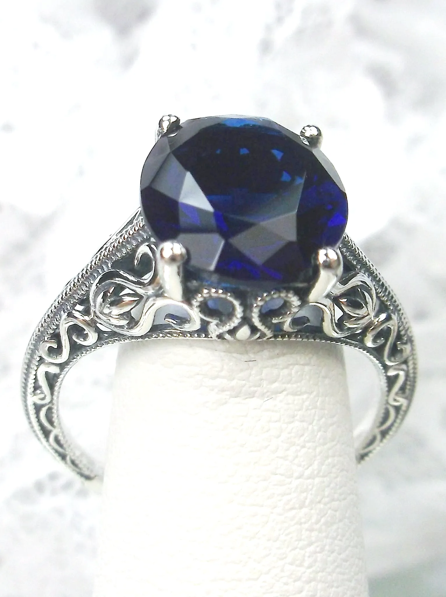 Blue Sapphire Ring, Swan Filigree, Art Deco Jewelry #D190