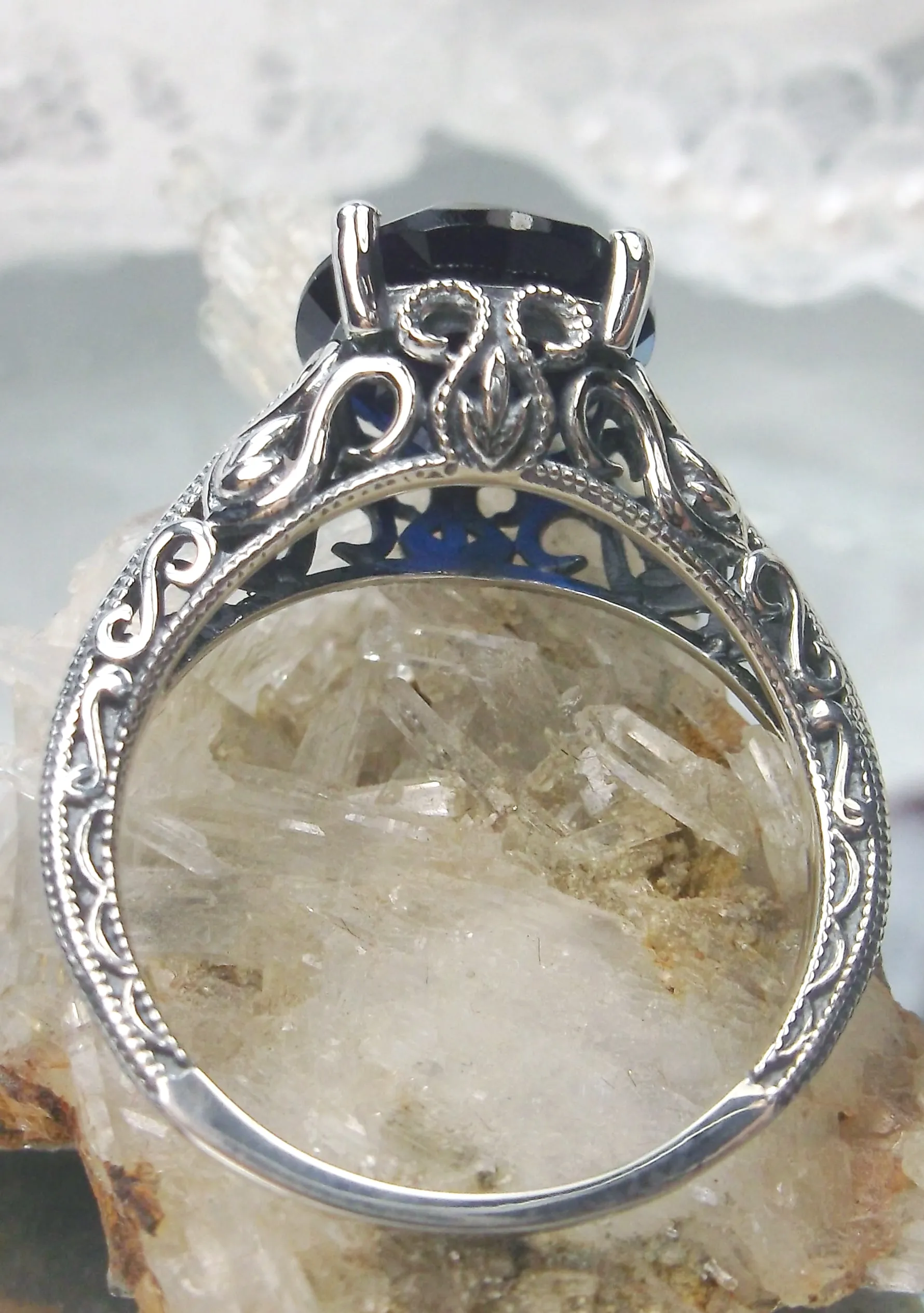 Blue Sapphire Ring, Swan Filigree, Art Deco Jewelry #D190