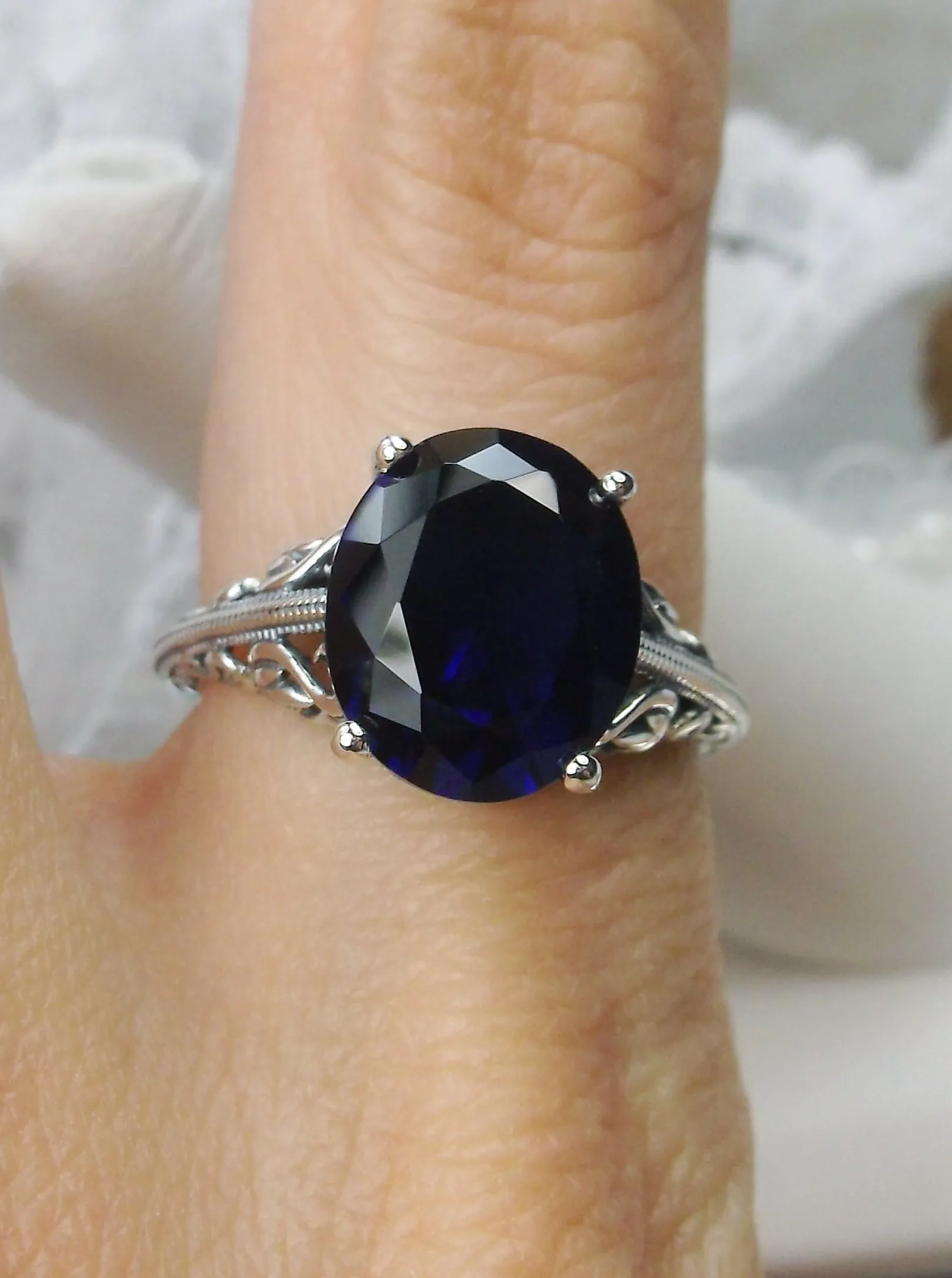 Blue Sapphire Ring, Swan Filigree, Art Deco Jewelry #D190