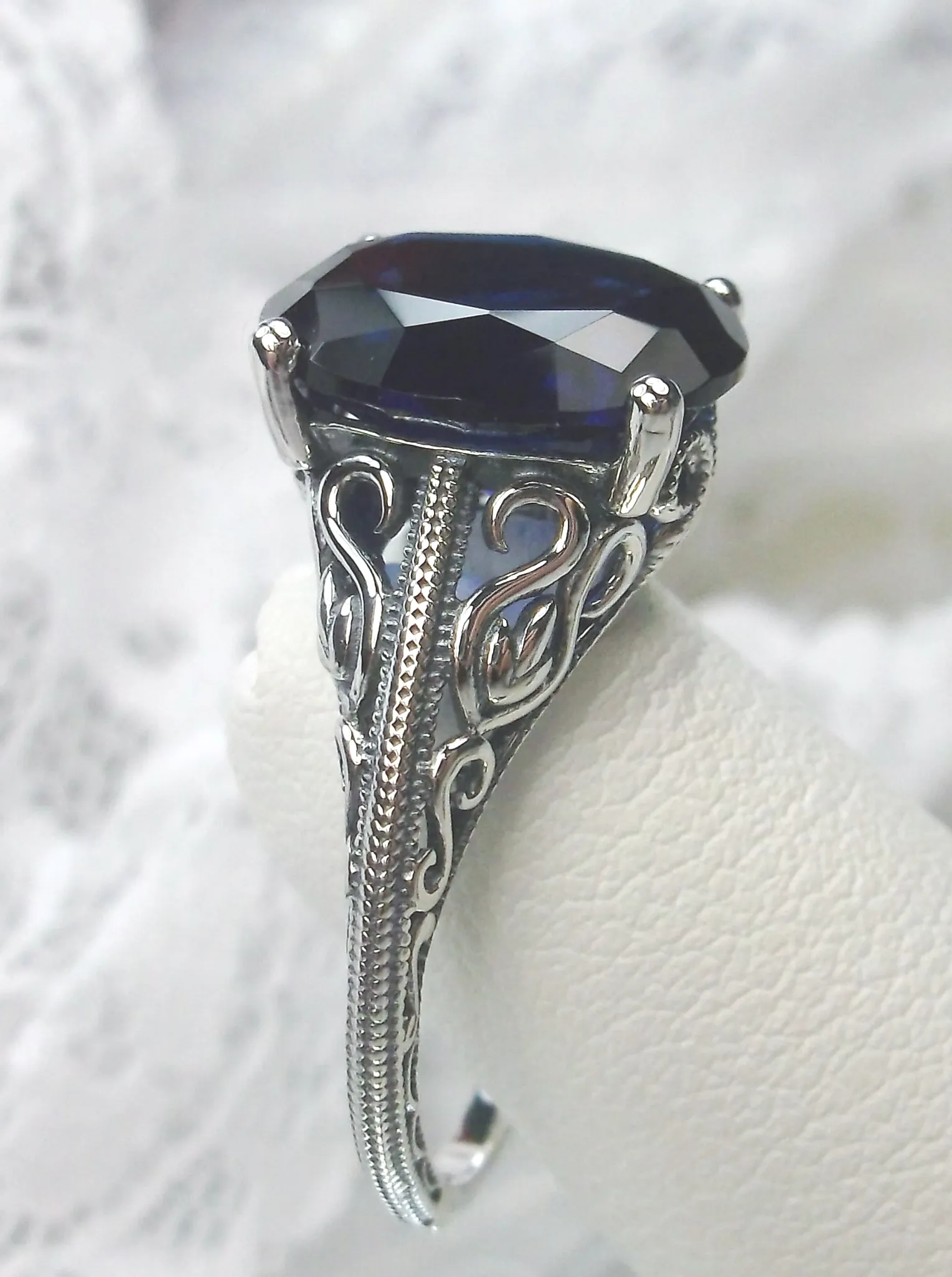 Blue Sapphire Ring, Swan Filigree, Art Deco Jewelry #D190