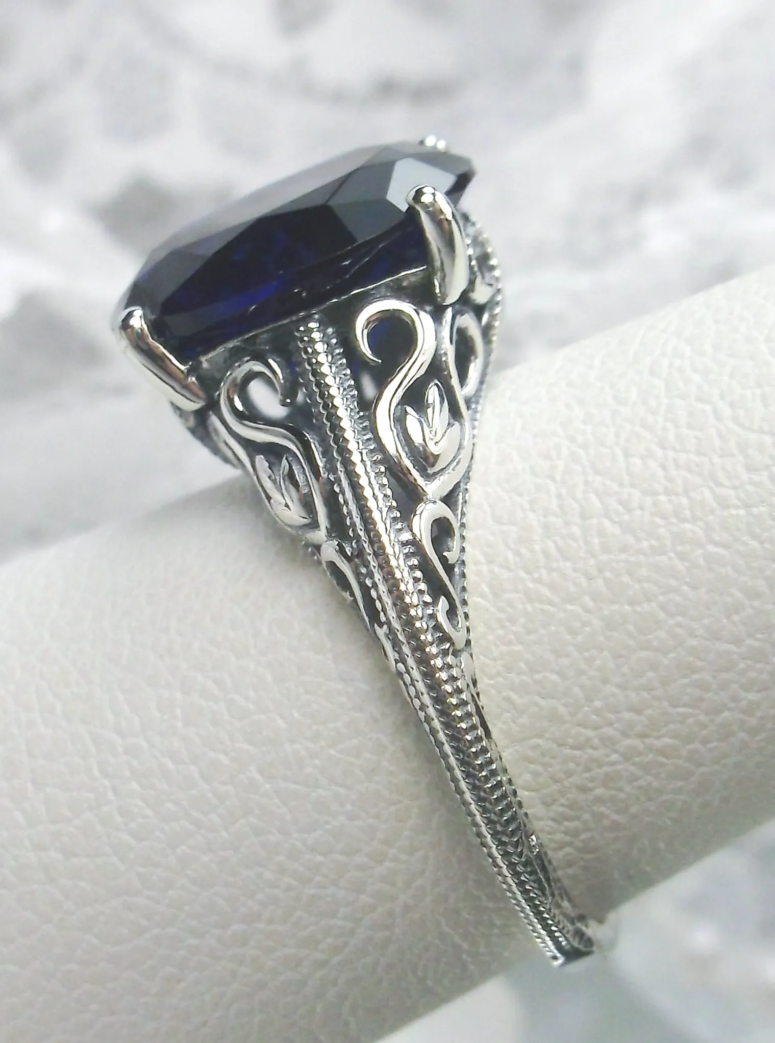 Blue Sapphire Ring, Swan Filigree, Art Deco Jewelry #D190