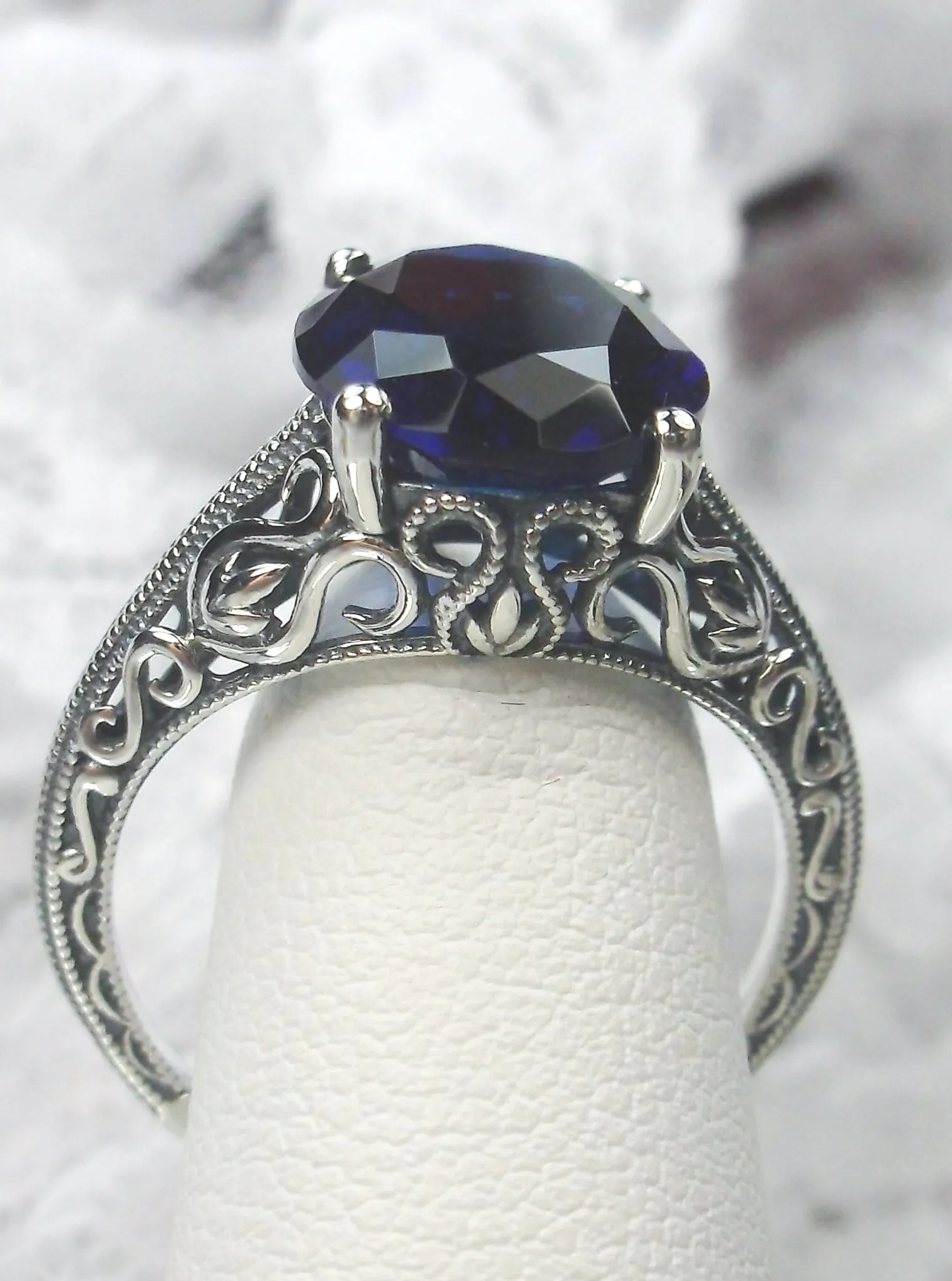 Blue Sapphire Ring, Swan Filigree, Art Deco Jewelry #D190