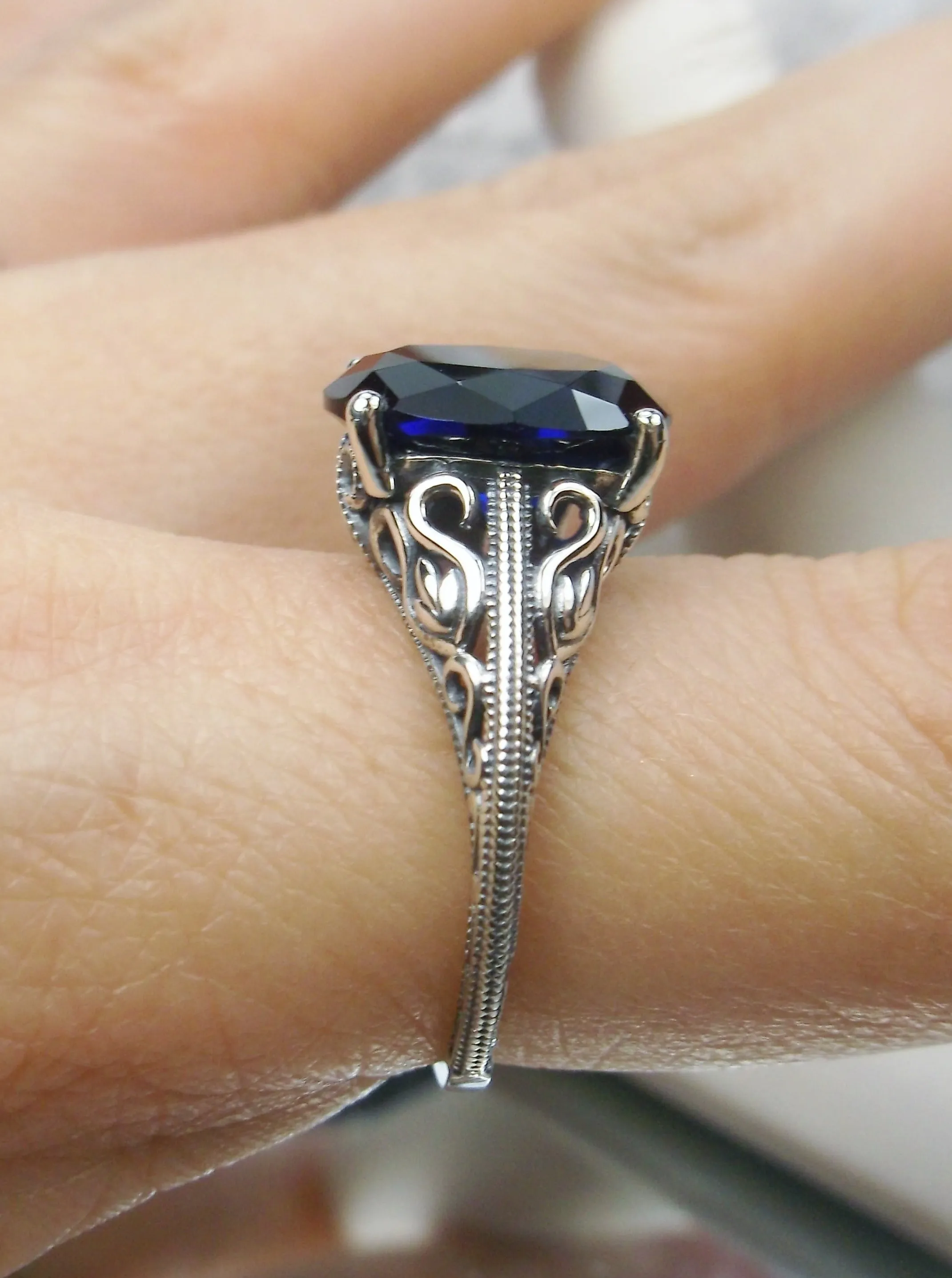 Blue Sapphire Ring, Swan Filigree, Art Deco Jewelry #D190