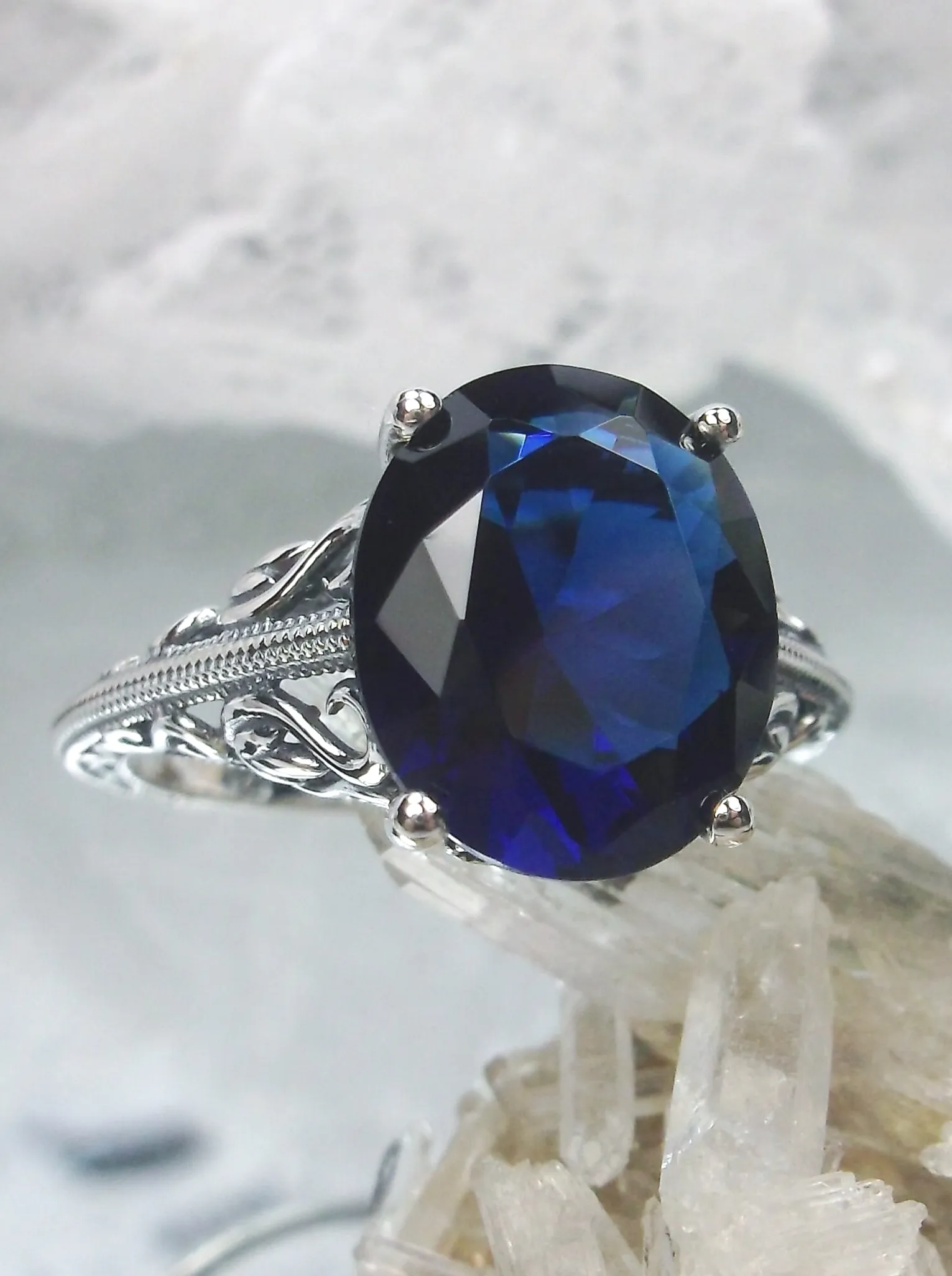 Blue Sapphire Ring, Swan Filigree, Art Deco Jewelry #D190