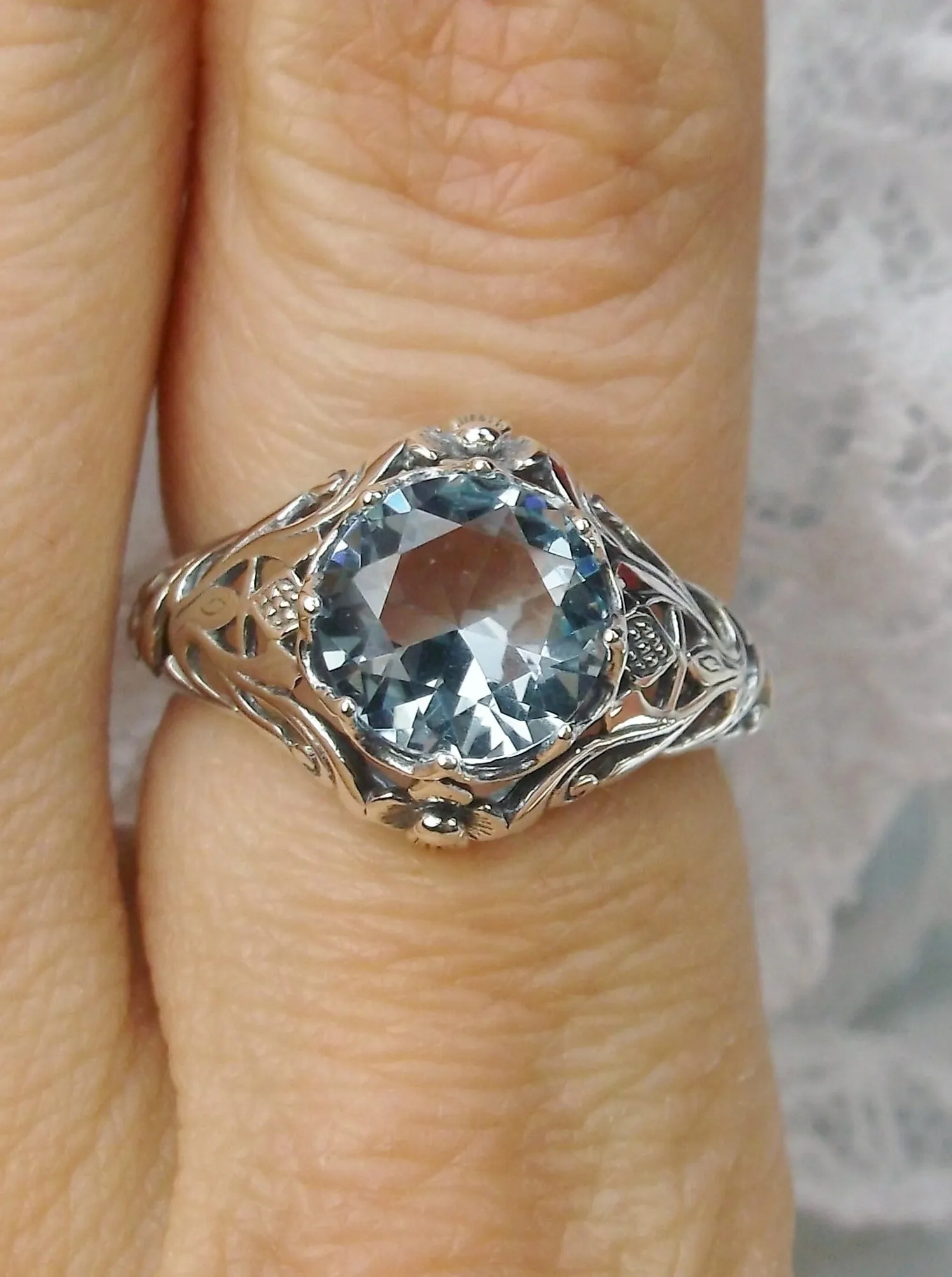 Blue Topaz Ring, Natural or Simulated Gemstone, Daisy Filigree Victorian Jewelry #D66