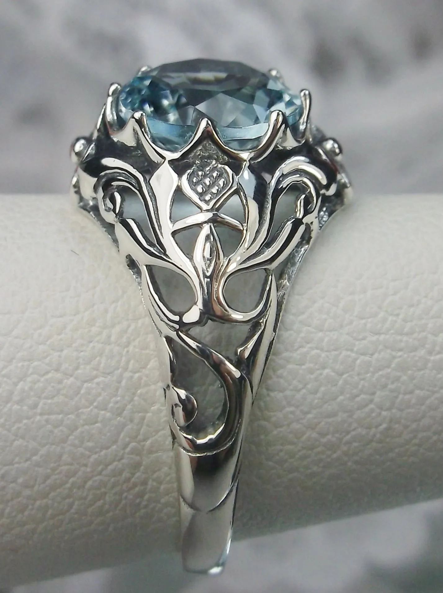 Blue Topaz Ring, Natural or Simulated Gemstone, Daisy Filigree Victorian Jewelry #D66