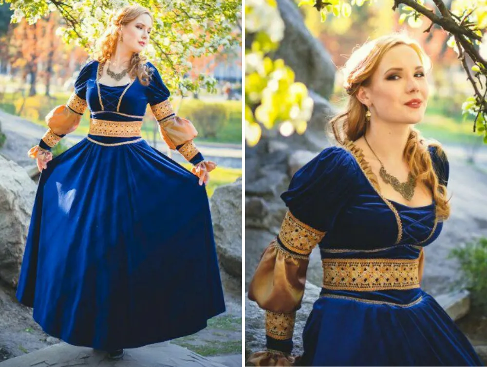 Blue velvet Renaissance dress, Italy medieval wedding gown