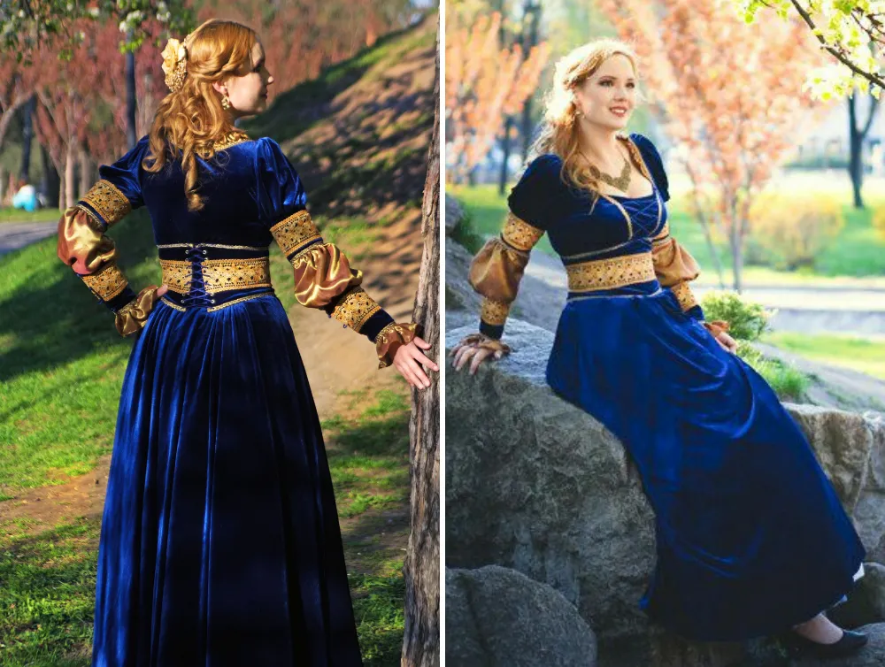 Blue velvet Renaissance dress, Italy medieval wedding gown