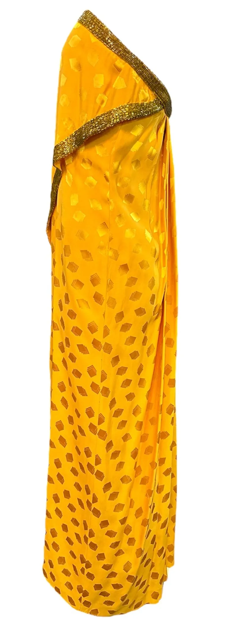 Bob Mackie 1970s Yellow Silk Jacquard Strapless Gown with Beaded Trim