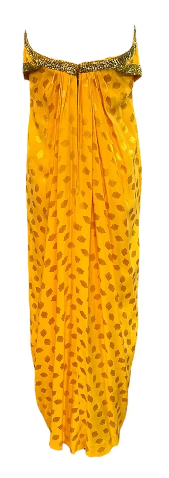 Bob Mackie 1970s Yellow Silk Jacquard Strapless Gown with Beaded Trim
