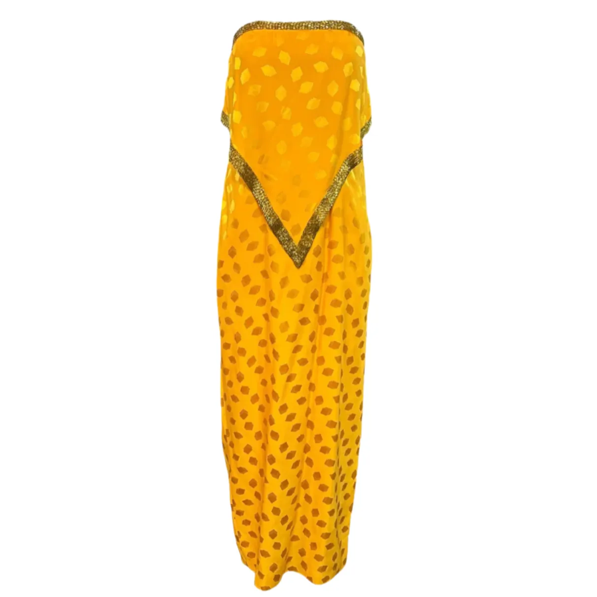 Bob Mackie 1970s Yellow Silk Jacquard Strapless Gown with Beaded Trim