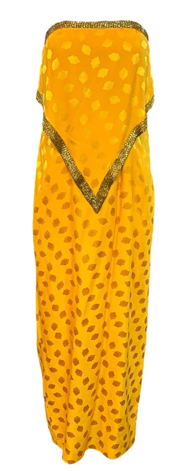 Bob Mackie 1970s Yellow Silk Jacquard Strapless Gown with Beaded Trim