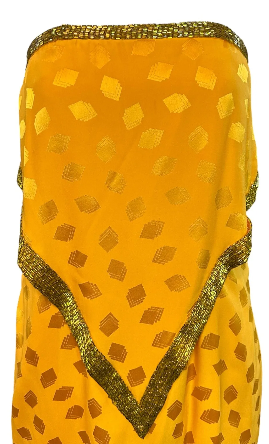 Bob Mackie 1970s Yellow Silk Jacquard Strapless Gown with Beaded Trim